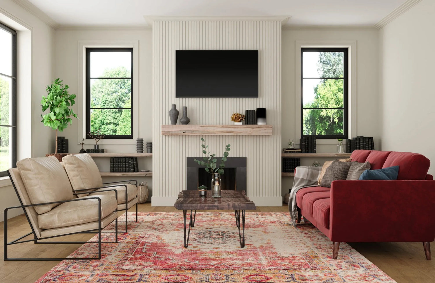 Slatwall accent wall in living room